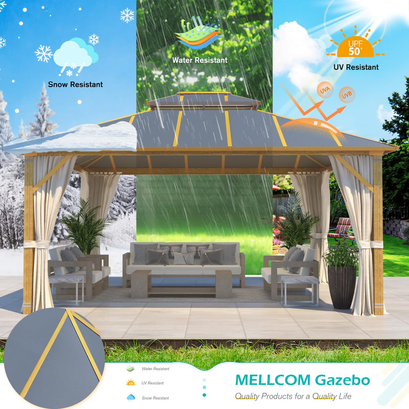 MELLCOM 12x14FT Hardtop Gazebo,Wooden Finish Coated Aluminum Patio Gazebo with Aluminum Composite Double Roof for Patio Lawn and Garden, Curtains and Netting Included