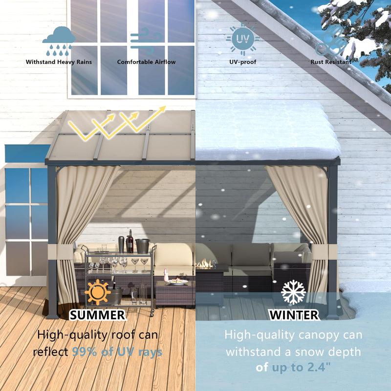 Kurapika 10’ x 12’ Wall Mount Gazebo Outdoor Pergola, Hardtop Lean to Gazebo Canopy Awnings with Sloped Roof and Sturdy Steel Frame, for Patio, Porch, Deck, Backyard(Sand)