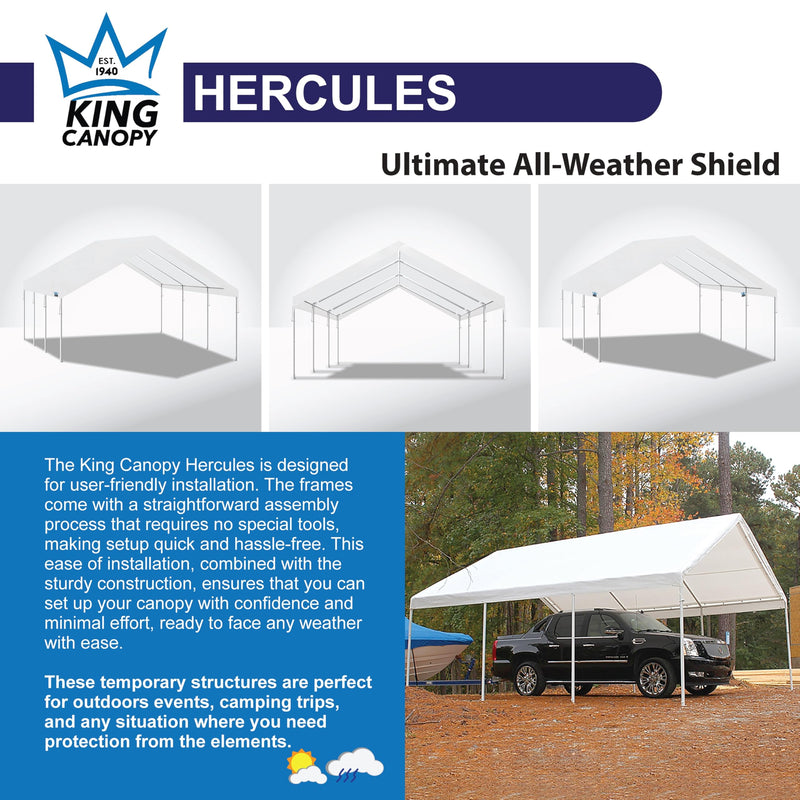 King Canopy Hercules 18-Feet by 20-Feet, 2-Inch Hammertone Steel Frame w/Buttons, 8-Leg, Carport, White
