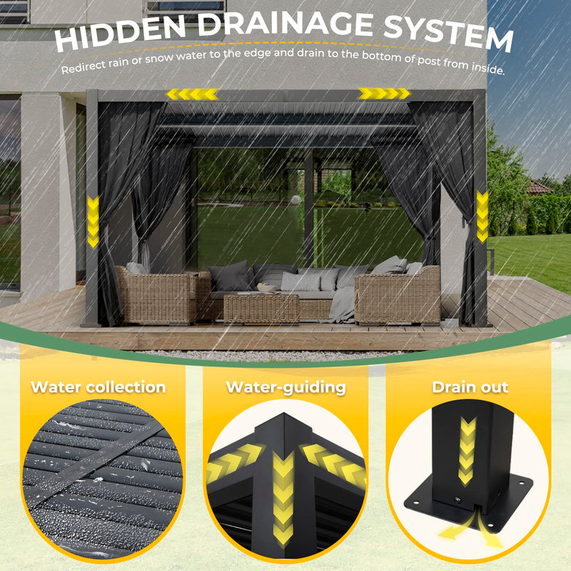 LVUYOYO 10' x 13' Outdoor Louvered Pergola, Metal Aluminum Pergola with Adjustable Roof, Waterproof Gazebo with Curtains and Netting for Patio, Backyard, Garden, Deck (Black)