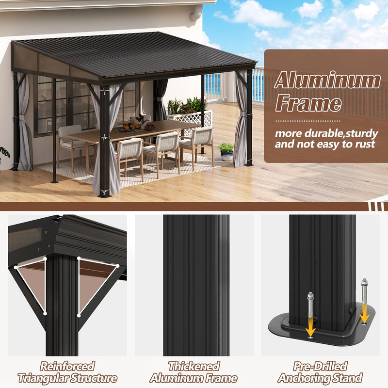 10' x 12' Hardtop Wall Mounted Gazebo, Lean to Gazebo with Galvanized Steel Roof Aluminum Frame Wall Gazebos Pergola with Netting&Curtains for Outdoor, Backyard, Patio