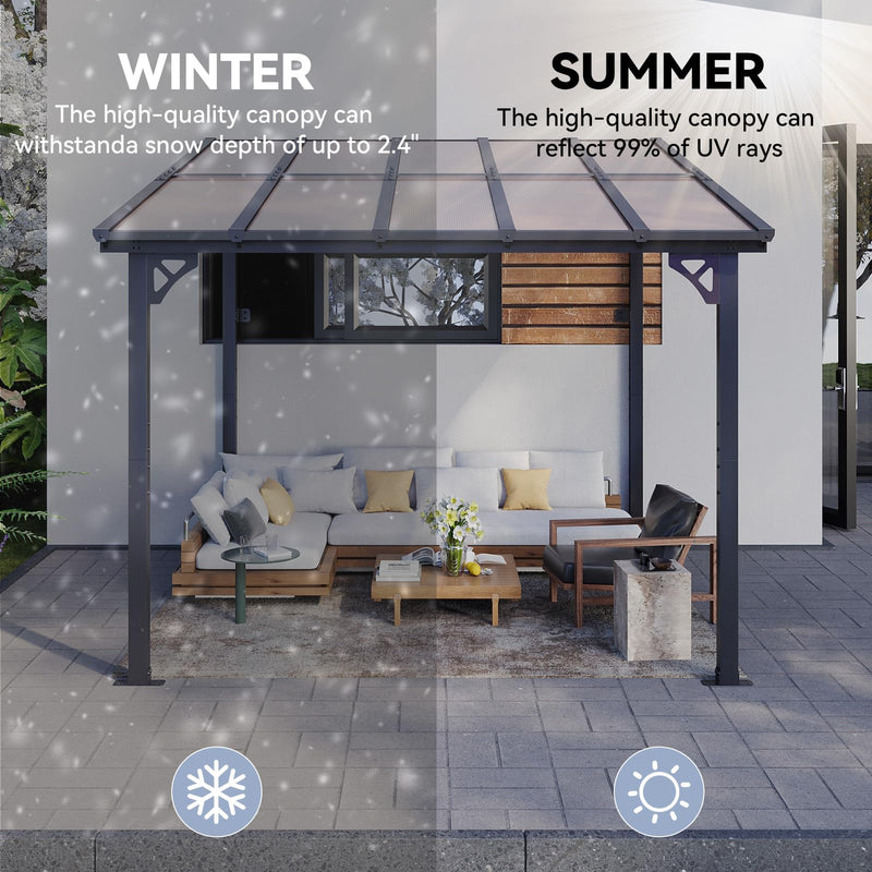 oneinmil 10 x 8FT Hardtop Gazebo for Patio, Outdoor Aluminum Wall-Mounted Gazebo Pergola with Sloped Roof, Heavy Duty Awnings for Patio Covers, Backyard, Deck, Garden