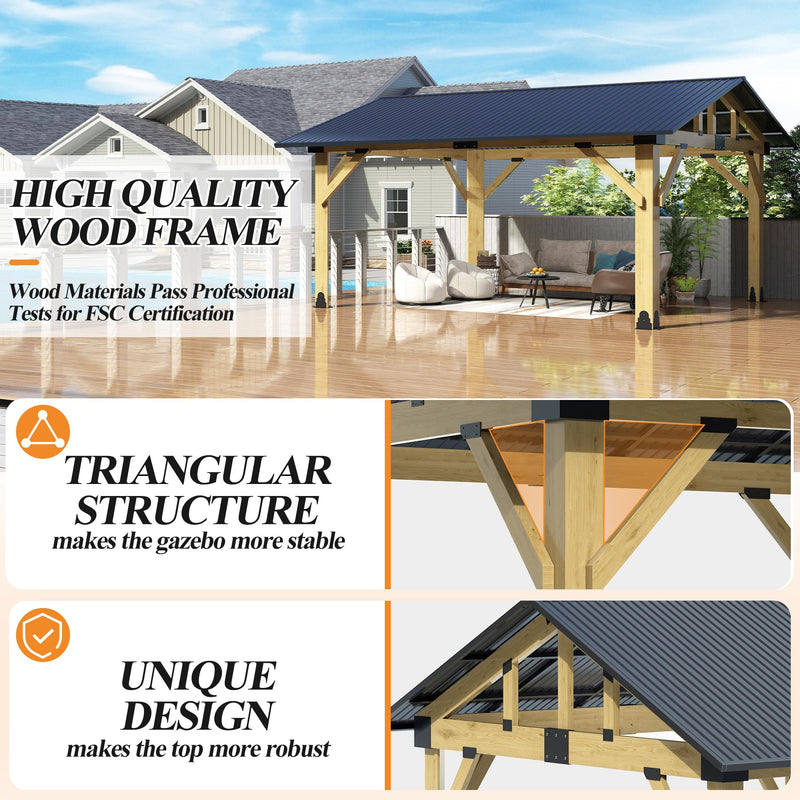 COVERONICS 13’x15’ Outdoor Hardtop Wood Gazebo - Patio Gazebo with Galvanized Steel Roof, Cedar Wooden Carport Gazebos for Garden, Porch, Patio and Deck