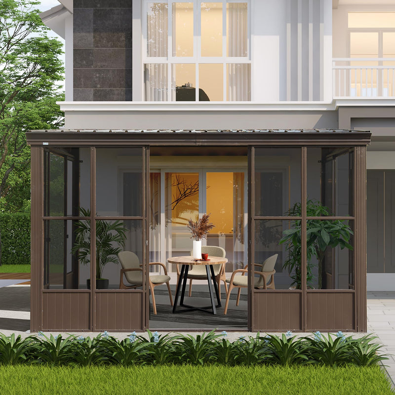 Domi 8x12FT Sun Room, Wall Mounted Gazebo Solarium with Galvanized Steel Sloping Roof, Moveable PC Screen, Front Door & 2 Side Entrance, Outdoor Aluminum Lean-to Sunroom for Patio Deck