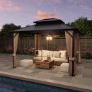 SOLUMIA 10’x12’ Hardtop Gazebo, Galvanized Steel Double Roof Canopy with Aluminum Frame, Outdoor Pavilion with Nettings and Curtains
