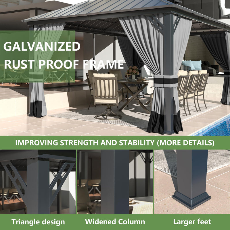 12' x 16' Hardtop Gazebo,Outdoor Galvanized Steel Metal Double Roof Gazebo with Curtains and Netting for Patios, Gardens, Lawns,Grey
