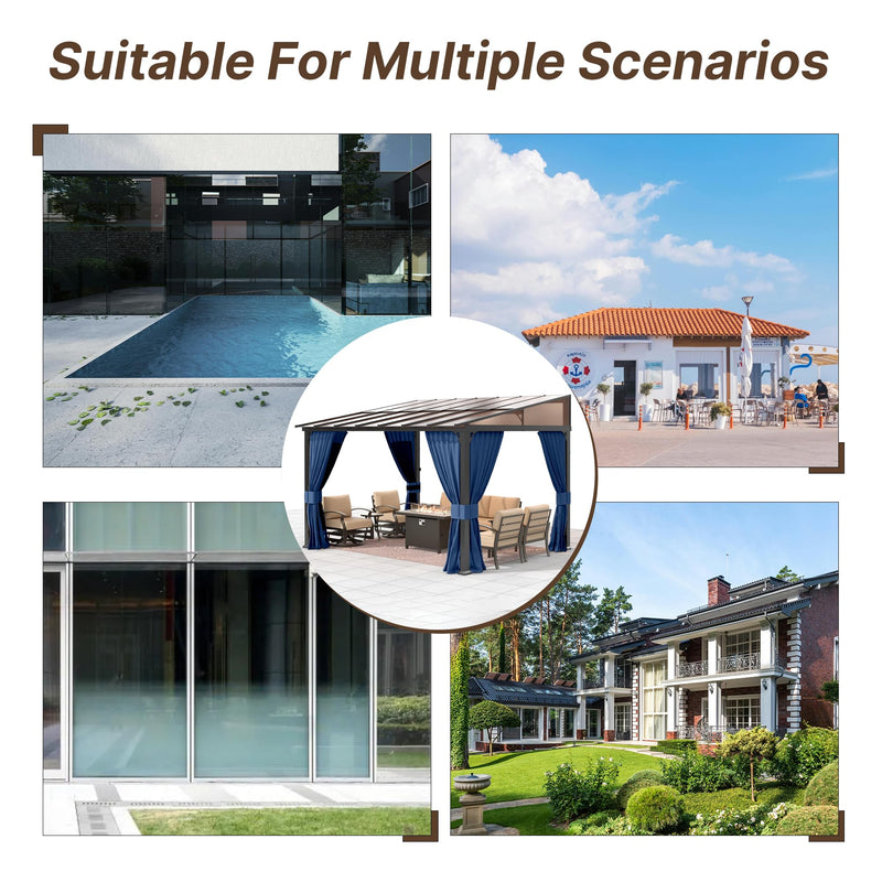 Gotland 10FTx26FT Outdoor Wall-Mounted Hardtop Pergola, Metal Frame Gazebo with Sloping Sun Panel Roof and Double Curtains for Patio, Garden, Lawn, Navy