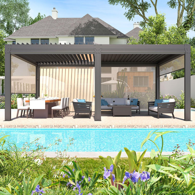 YOLENY Louvered Pergola and 6 Pull-Down Screens, 10x20FT All Aluminum Pergola with Adjustable Rainproof Roof, Outdoor Sun Shade Shelter for Patio, Weatherproof, Dark Gray