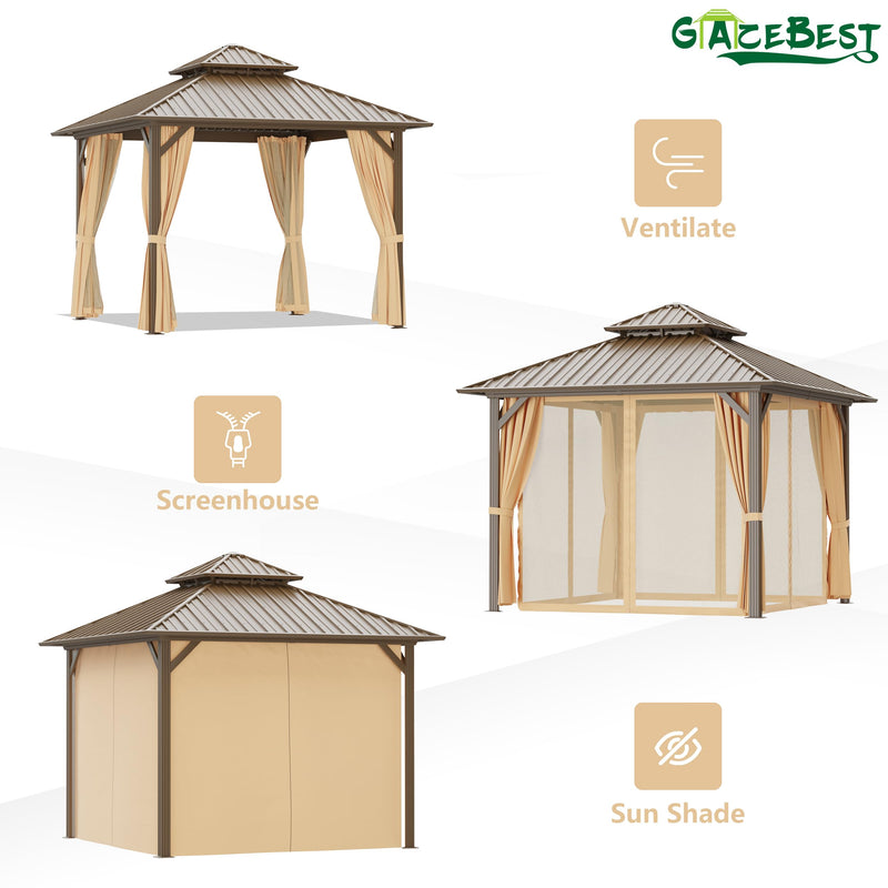 GAZEBEST 10x10 ft Hardtop Gazebo Outdoor Aluminum Patio Gazebo Double Roof Galvanized Steel Canopy with Netting and Curtains for Garden, Backyard,Deck and Lawns