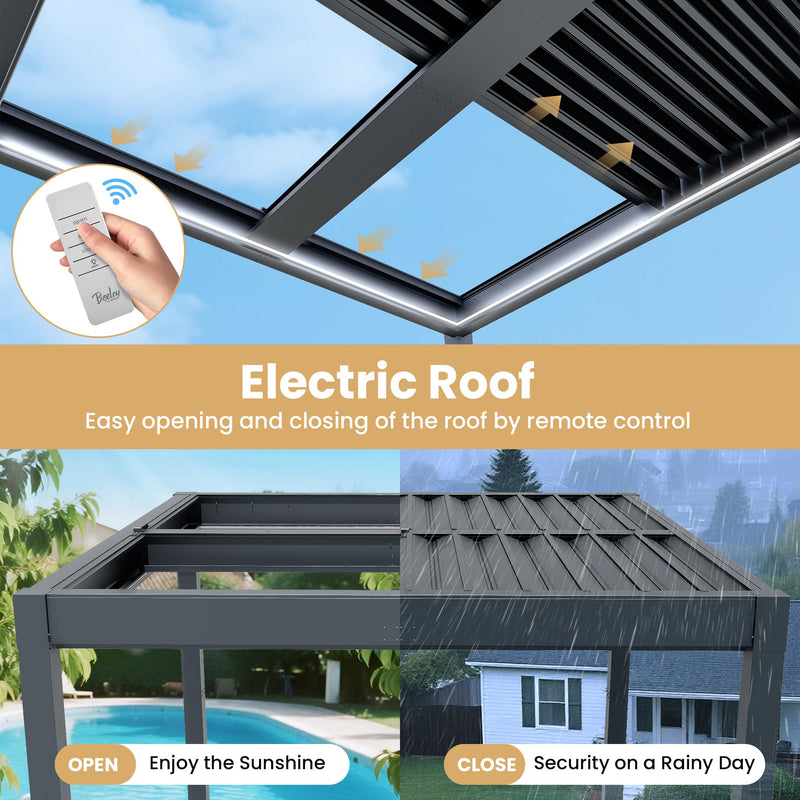 Greesum 10x10FT Outdoor Aluminum Pergola, Electric Adjustable Louvered Pergola with LED Lights and Gutter System, Metal Gazebo for Patio, Deck, Garden, Yard, Black