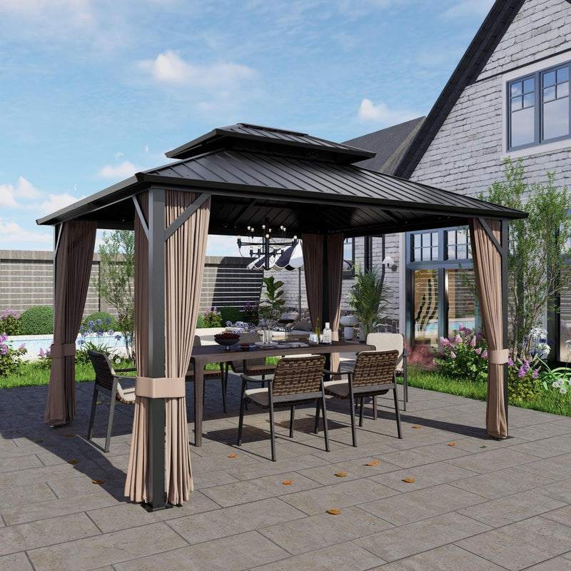 SOLUMIA 10’x12’ Hardtop Gazebo, Galvanized Steel Double Roof Canopy with Aluminum Frame, Outdoor Pavilion with Nettings and Curtains
