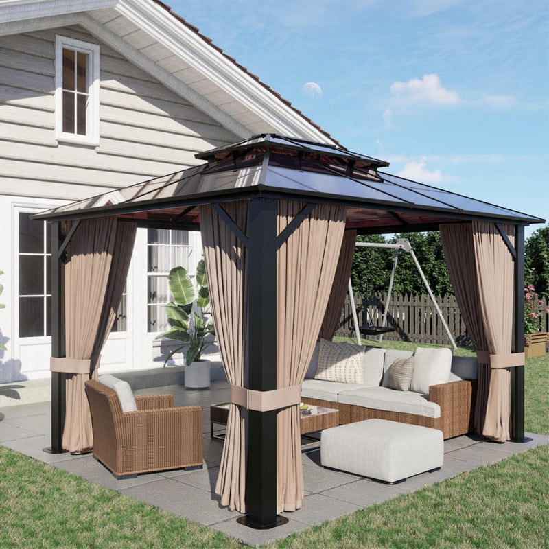 SOLUMIA 10’x12’ Hardtop Gazebo, Double Roof Patio Pergola with Polycarbonate Panels, Aluminum Frame, Outdoor Canopy with Netting for Backyard, Garden, and Deck – Durable & UV-Resistant