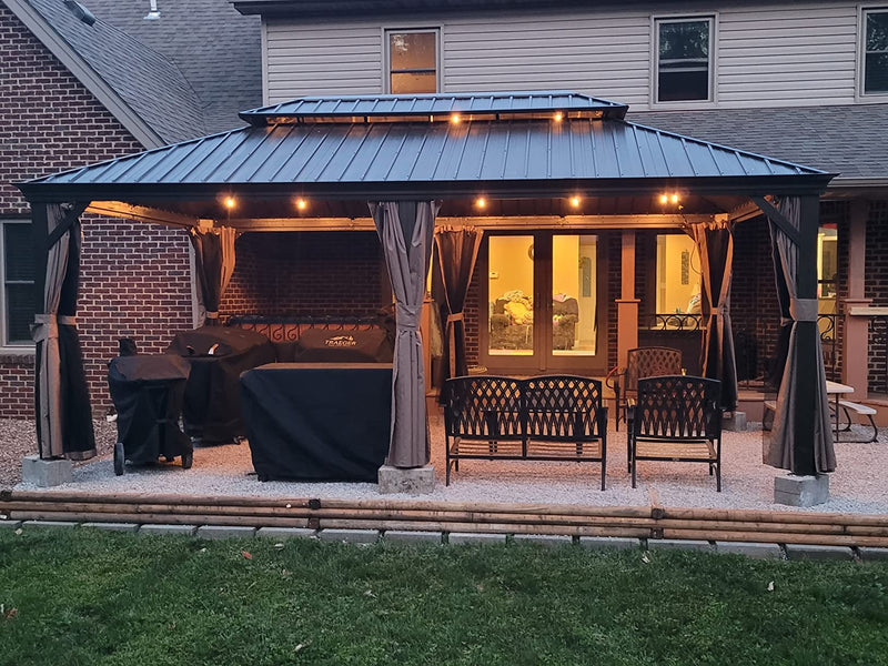 Domi Hardtop Gazebo 12x20FT, Outdoor Gazebo with Galvanized Steel Double Roof, Aluminum Frame, Built-in Gutter System, Curtain and Netting, Metal Gazebo Pavilion for Patio Deck Garden, Brown