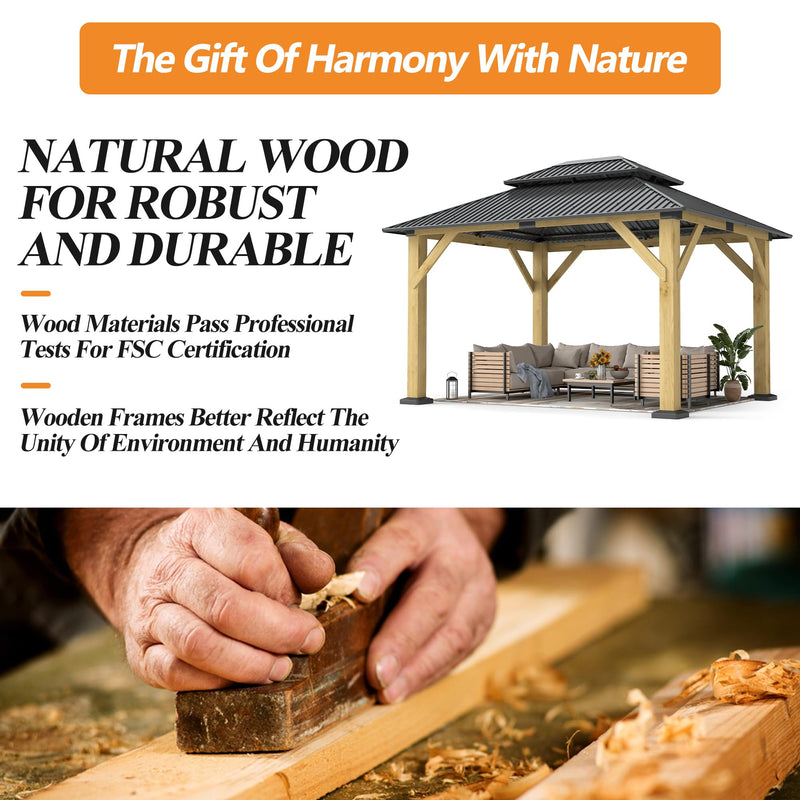 GARTOO 10' x 12' Outdoor Wooden Gazebo - Patio Hardtop Gazebo Permanent Wooden Pavilion with Galvanized Steel Double Roof, Cedar Wood Gazebos for Garden, Lawn, Poolside, Backyard Deck