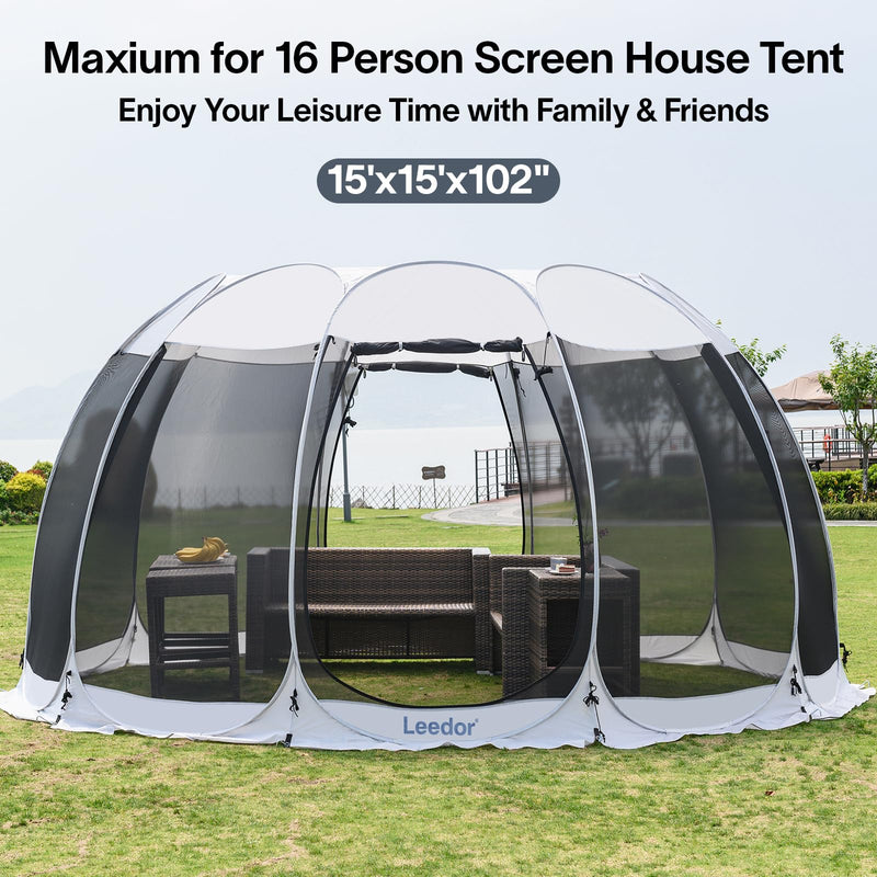 LEEDOR Pop Up Screen House, 12-15 Person Outdoor Screen Tent，Camping Screen Room with Carry Bag, Screen Gazebo with Mosquito Netting, Instant UV Resistant Sun Shelter for Garden Patio Backyard 15'x15'