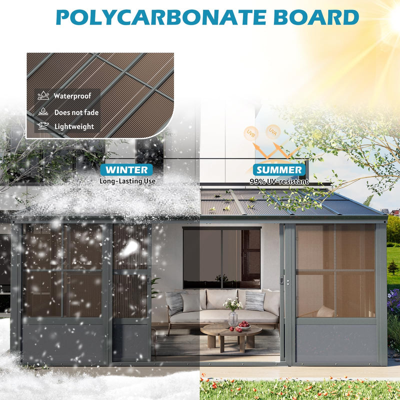 EROMMY 10' x 16' Sunroom, Wall Mounted Gazebo Solarium with Aluminum Frame, Polycarbonate Roof, Permanent Sun Room with Sliding Doors, Lockable PC Screen Walls, Lean to Gazebo for Garden, Patio, Grey