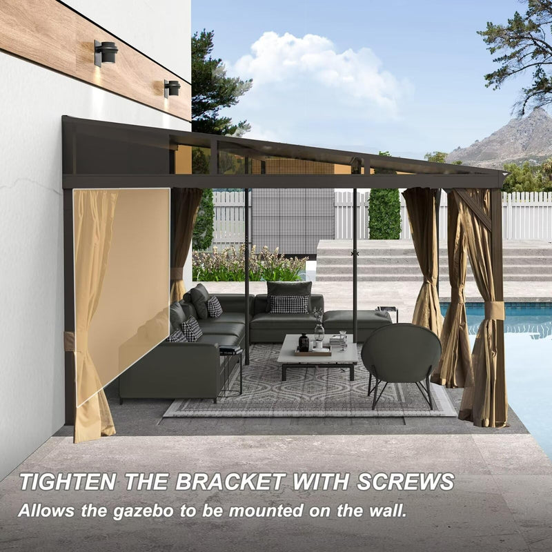 Domi 12' x 20' Lean to Gazebo with Aluminum Frame, Wall Mounted Gazebo Hardtop Galvanized Steel Sloping Roof with Curtains and Netting for Patio Deck Backyard Lawn Party…