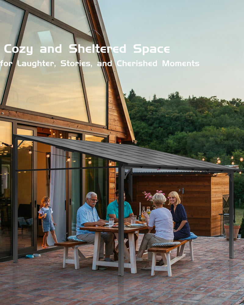 GarveeLife 12' x 16' Lean to Gazebo, Hardtop Wall Pergola with Polycarbonate Roof, Aluminum Frame Mounted Gazebo for Lawn Patio Deck Yard and Party