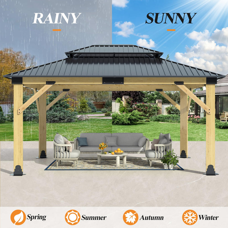 13’x15’ Outdoor Wooden Gazebo - Patio Galvanized Steel Gazebos with Double Vented Roof, Heavy-Duty Cedar Wood Gazebo for Garden, Lawn, Poolside, Backyard Deck