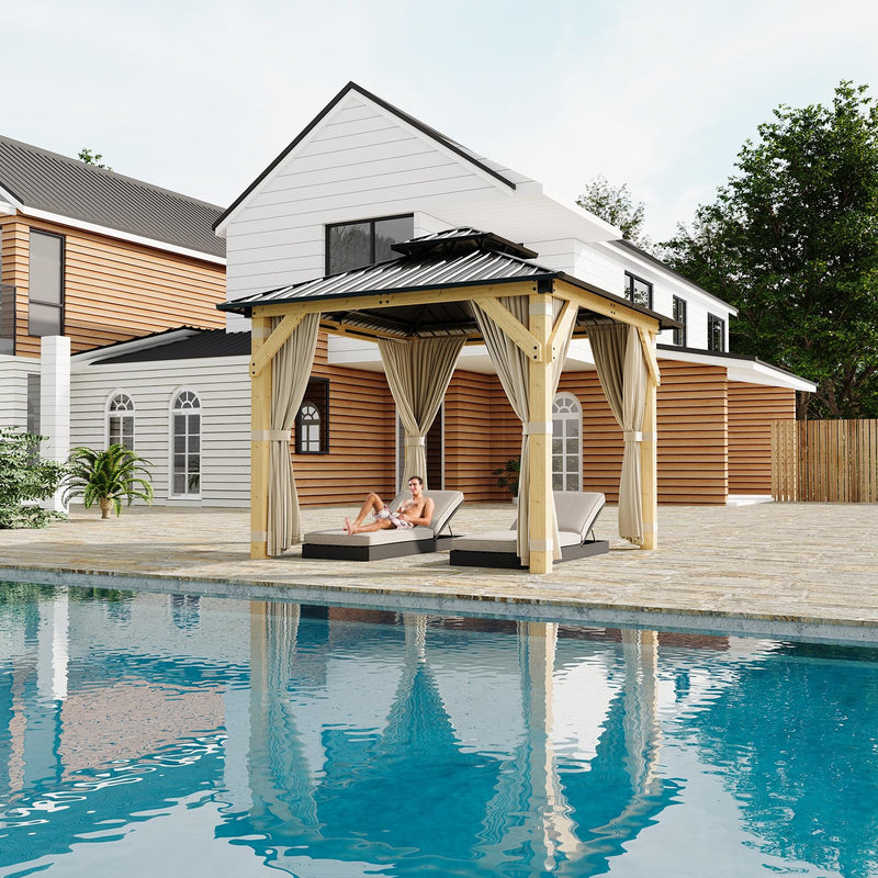 HarmonyHealth 10 x 10 Ft Wood Gazebo, Upgrade Wooden Frame, Double Galvanized Steel Roof, Hardtop Gazebo With Nettings And Curtains For Backyard, Patio, Garden And Lawn,Khaki