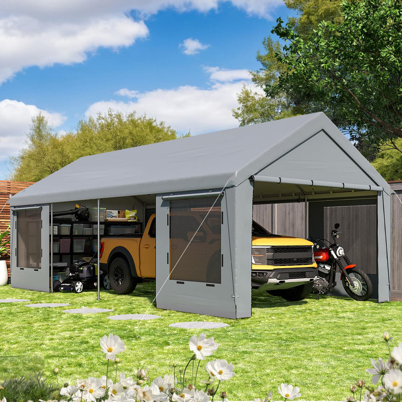 EROMMY 12' x 24' Heavy Duty Carport，Portable Garage with UV Protection & Steel Frame, Car Port with Removable Sidewalls, All-Season Car Canopy for Tractor, Truck, Boat, Outer Gray and Inner White