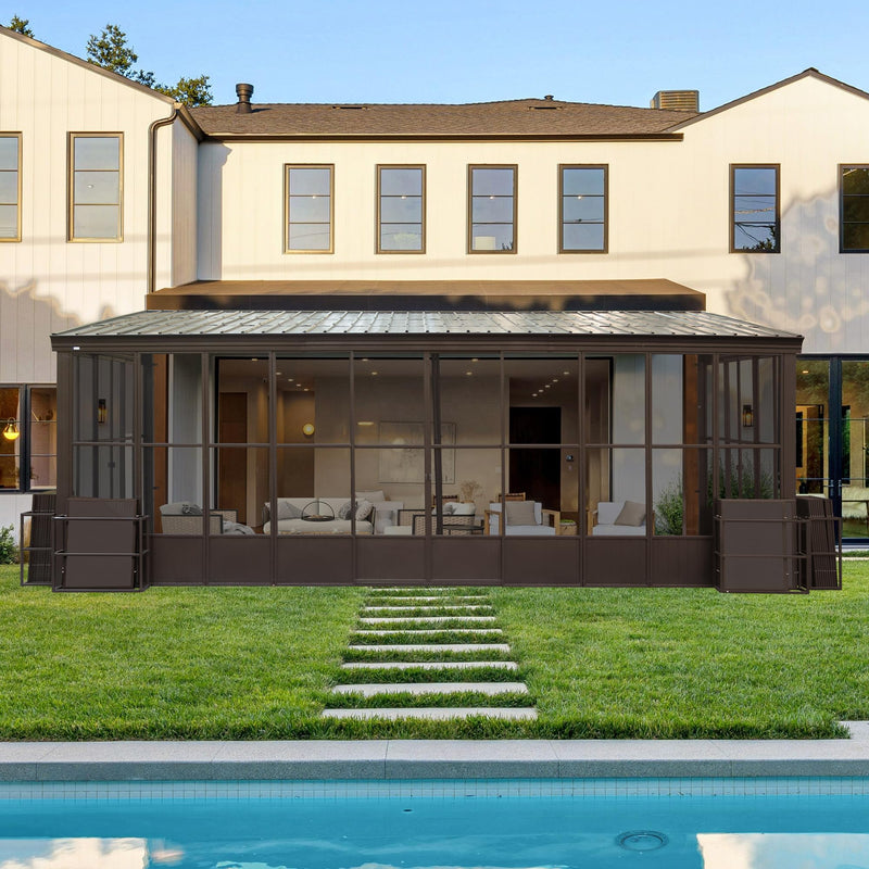 Domi 12x20FT Sunroom,Wall Mounted Gazebo Solarium with Front Door, Both Side Entrance, Galvanized Steel Sloping Roof, Moveable PC Screen, Outdoor Permanent Sun Room Lean to Gazebo for Deck Patio