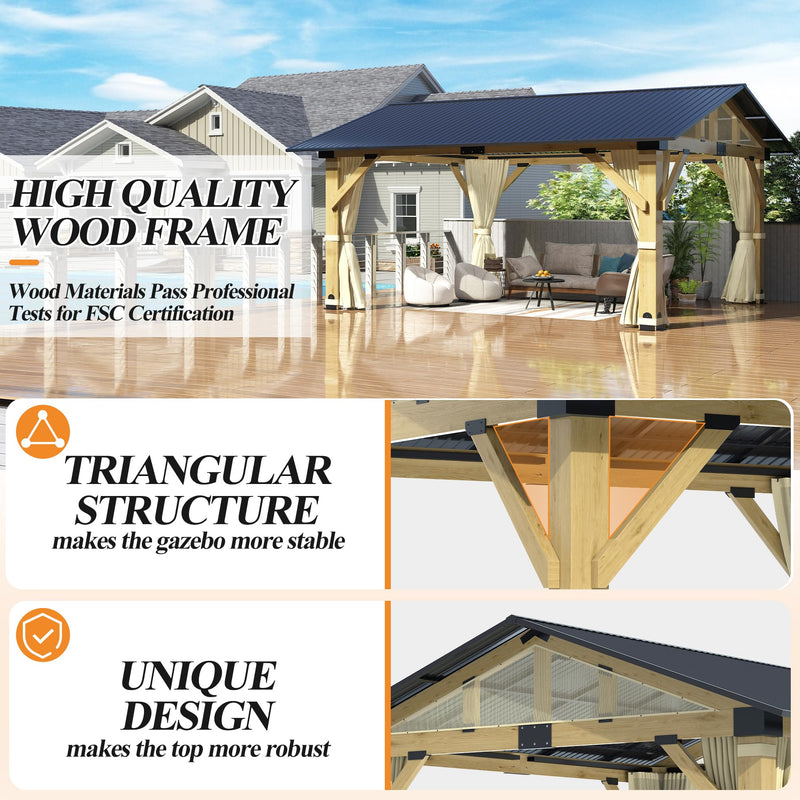 COVERONICS 13’x15’ Outdoor Wood Gazebo - Hardtop Patio Gazebo with Galvanized Steel Roof, Cedar Wooden Gazebo with Privacy Curtains and Netting for Garden, Porch, Patio and Deck