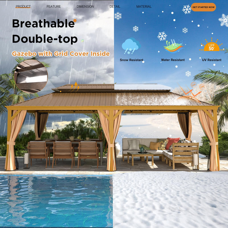 YOLENY 14'x24' Gazebo, Wooden Finish Coated Aluminum Frame Pergola with Double Galvanized Steel Hardtop Roof, Outdoor Permanent Metal Pavilion with Curtains and Nettings for Patio, Backyard and Deck