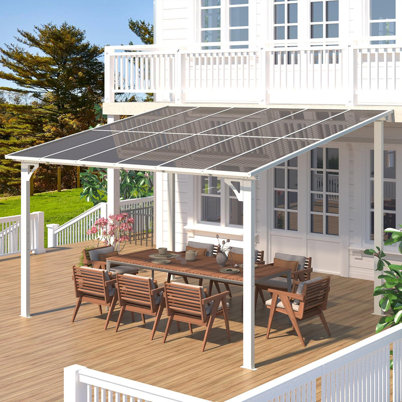 AECOJOY 12' x 10' White Pergola Gazebo, Large Wall Mounted Pergolas and Gazebos on Clearance, Outdoor Patio Lean to Hard Top Gazebo Metal Awnings for Decks,Patio, Porch, Backyard and More