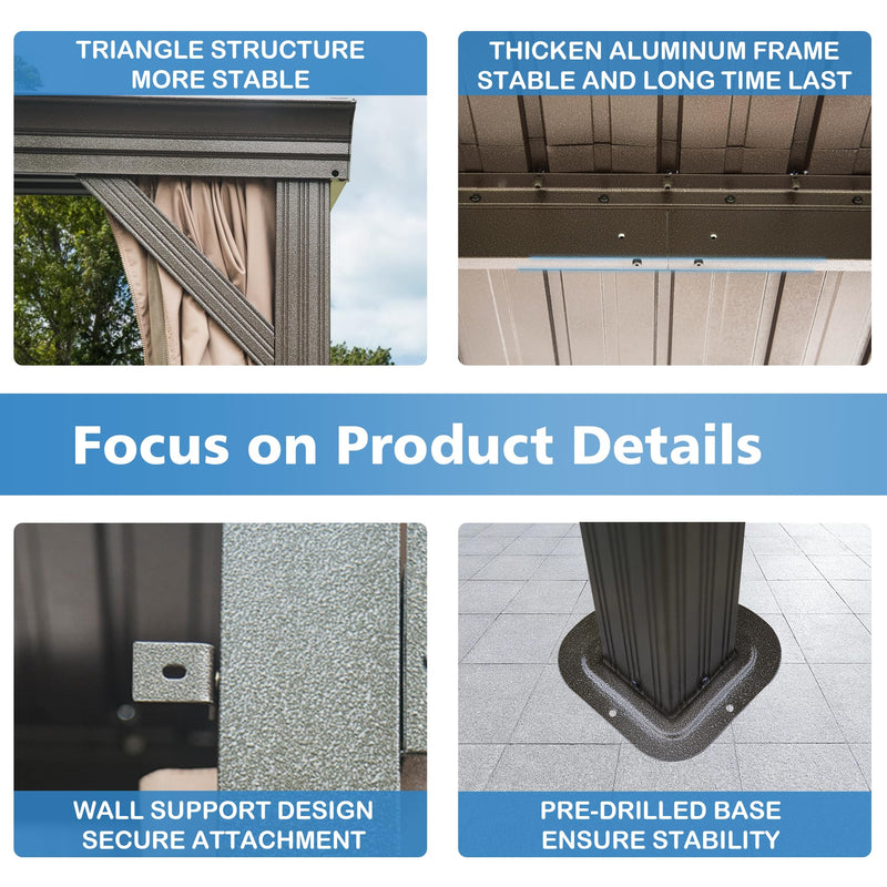 SHPAI 12’ x 16’ Lean to Gazebo, Outdoor Wall Mounted Gazebo Aluminum Frame, Hardtop Pergola with Galvanized Steel Sloping Roof for Patio Deck Garden Backyard, Curtain and Netting Included