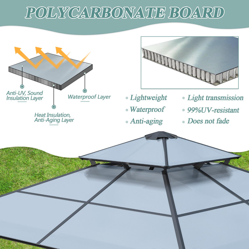 Howsvn 10'x10' Hardtop Gazebo, Outdoor Polycarbonate Double Roof Gazebos with Netting and Curtains, Heavy Duty Metal Pavilion for Patio, Backyard, Deck and Lawn