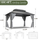 VIWAT 10x14 FT Hardtop Gazebo with Aluminum Frame, Galvanized Steel Double Roof Gazebo with Nettings and Curtains, Permanent Outdoor Metal Pavilion for Patio, Deck, Lawn and Garden, Gray