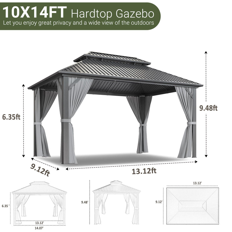 VIWAT 10x14 FT Hardtop Gazebo with Aluminum Frame, Galvanized Steel Double Roof Gazebo with Nettings and Curtains, Permanent Outdoor Metal Pavilion for Patio, Deck, Lawn and Garden, Gray