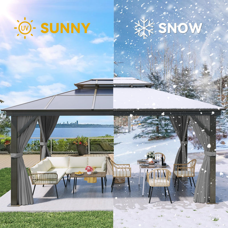 YITAHOME 12x16FT Polycarbonate Gazebo Double Roof Canopy Outdoor with Netting and Shaded Curtains, Aluminum Frame Polycarbonate Hardtop Garden Tent for Patio, Backyard, Deck and Lawns, Grey