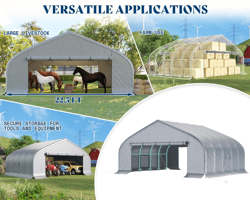 AMERLIFE 22.5 x 20FT Heavy Duty Double Carport, Galvanized Steel Frame Garage Shelter,Outdoor Storage, Waterproof 3-Layer PE Cover, Fits 2 Cars, Boat, Farm Equipment, Silver Gray