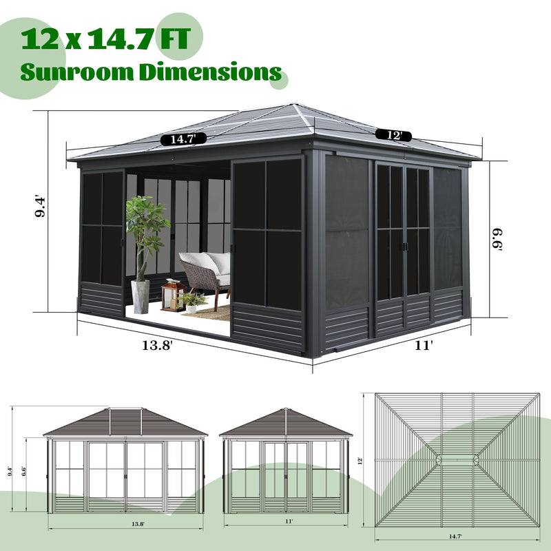 Domi 12x15FT Outdoor Sunroom, All-Season Solarium Gazebo with Galvanized Steel Roof, 4 Sliding Doors, Detachable PVC Screen, Aluminum Permanent Sun Room for Patio Deck Garden
