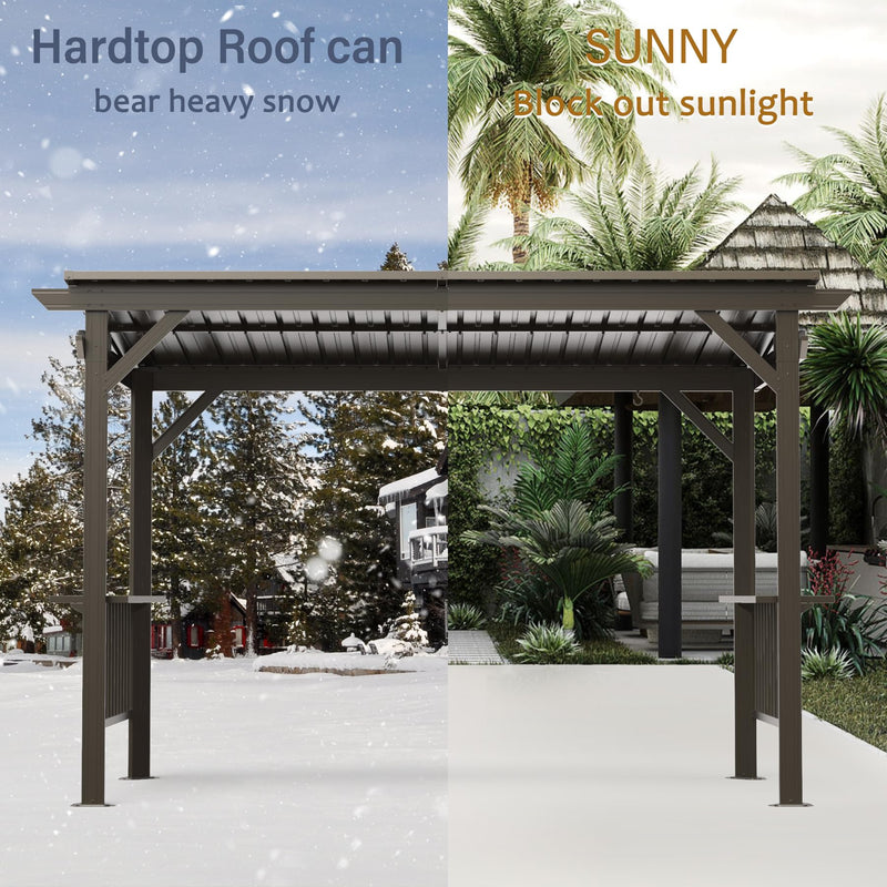 Domi 6.5x12FT Hardtop Grill Gazebo, Outdoor BBQ Gazebo with 2 Side Shelves, Sloping Steel Roof for Permanent Sun Shade with Ceiling Hooks for Patio Deck Yard Garden (Brown)