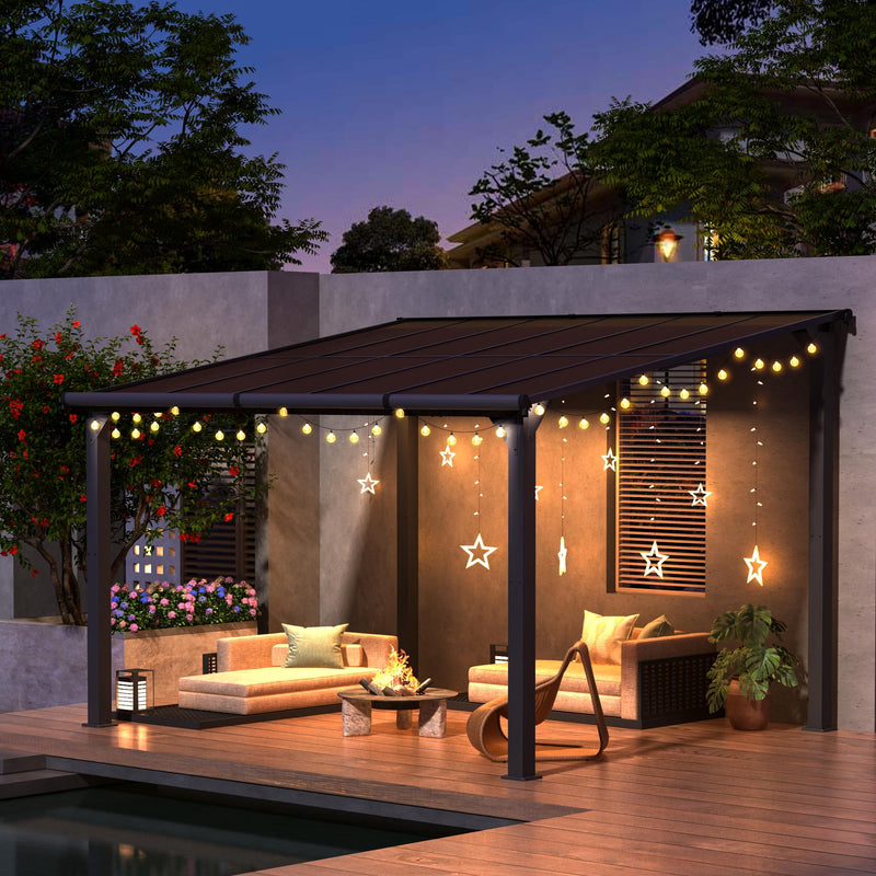 HOGYME 10x12 FT Gazebo, Outdoor Gazebos on Clearance with Updated Frame Structure and Roof, Hard Top Lean to Gazebo Pergola, Wall Mounted Awnings for Patio, Deck, Lawn and Backyard