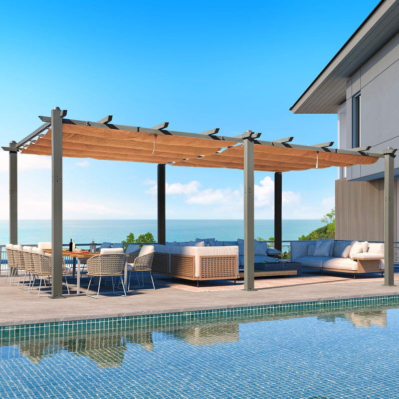 EROMMY Outdoor Retractable Pergola 12' x 20', Outdoor Aluminum Freestanding Shelter with Adjustable Sun Shade Canpoy for Patios, Beige