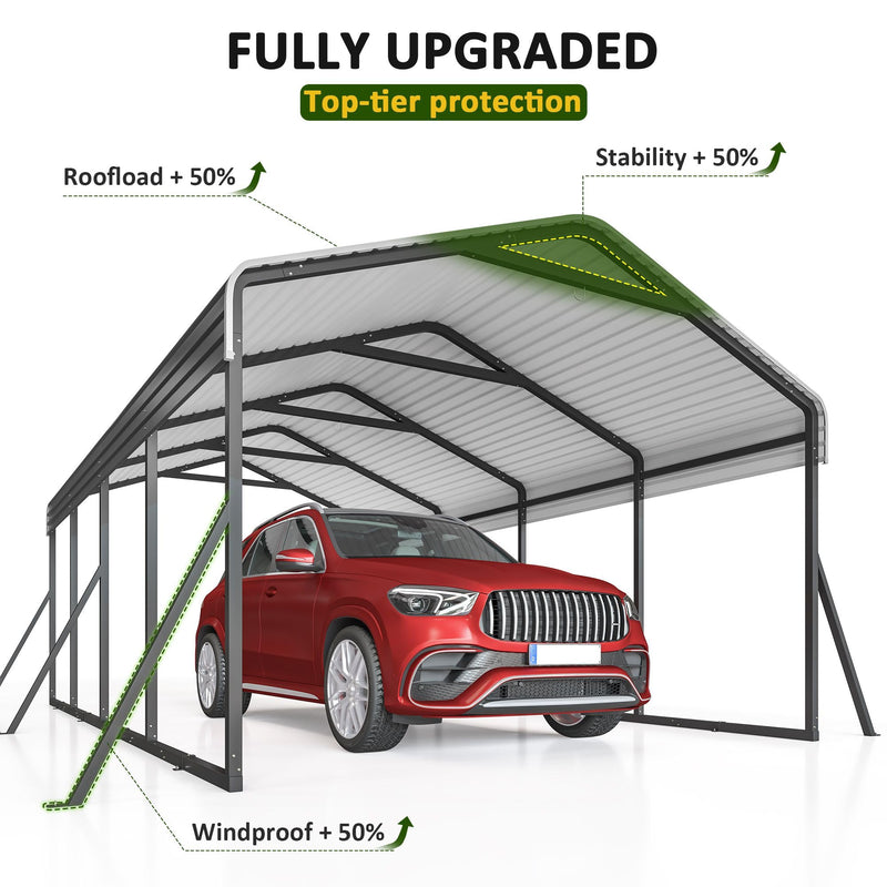 DAUSOLA Carport 12x20 FT Heavy Duty Carports Canopy with Updated Frame Structure Galvanized Steel Roof and Enhanced Base, Metal Carport Garage for Pickup, Boat, Car and Tractors