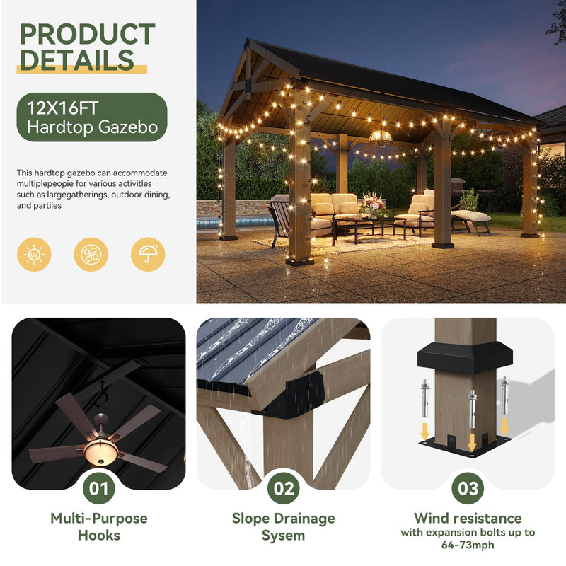 Aoxun 12' x 16' Outdoor Wood Gazebo, Hardtop Gazebo Permanent Wooden Pavilion with Galvanized Steel Gable Roof, for Patio, Garden, Deck, Cedar Wood
