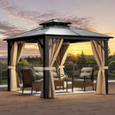 YITAHOME 10X10FT Hardtop Gazebo Outdoor Polycarbonate Patio Double Top Canopy Galvanized Iron Aluminum Column Garden Tent Curtains Netting for Backyards Decks Lawns,Brown