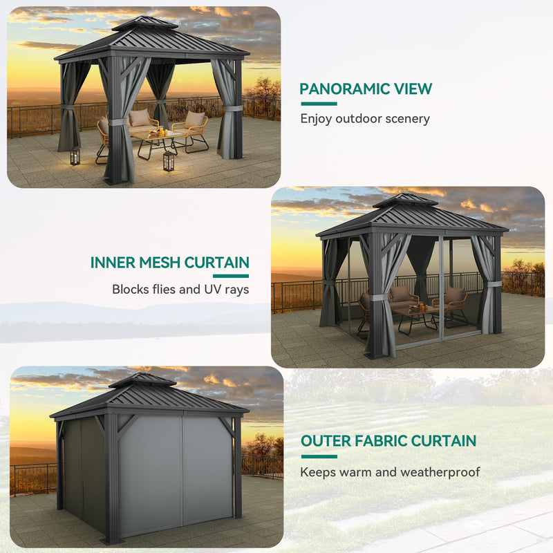 YITAHOME 10x10ft Hardtop Gazebo Heavy Duty Double Roof with Nettings and Curtains Galvanized Steel Outdoor Combined of Vertical Stripes Roof for Patio, Backyard, Deck, Lawns, Gray
