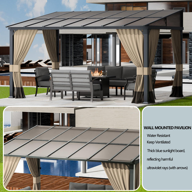 ASJMR 10x14FT Gazebo, Hardtop Wall Mounted Gazebo with Sloping Sun Panel Roof, Awnings for Patio with Metal Frame, Double Curtains for Garden, Lawn, Backyard Deck, Sand