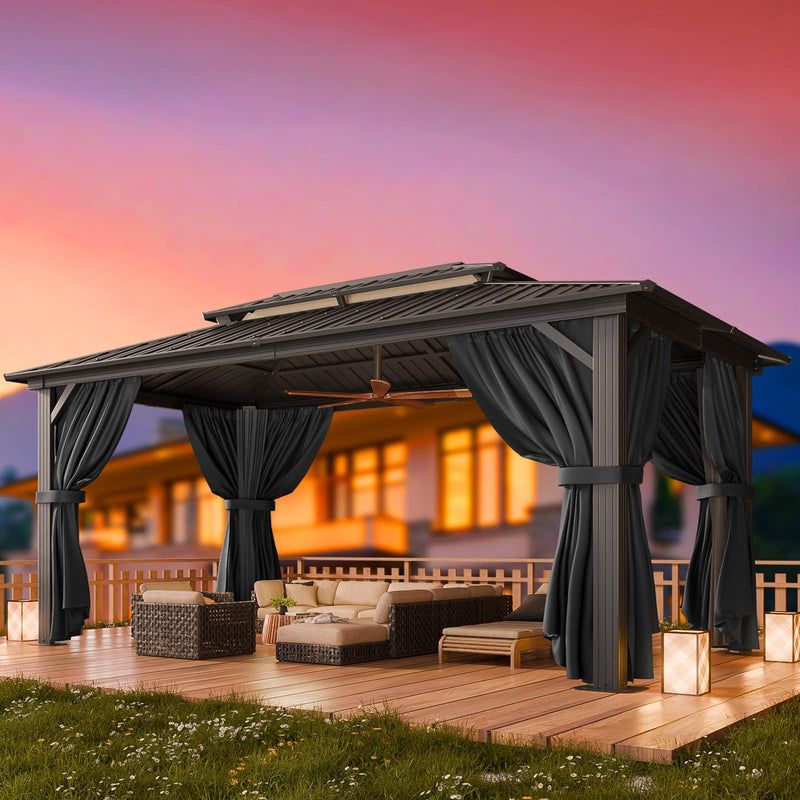 HOTEEL 10x15 Hardtop Gazebo with Heavy Duty Galvanized Steel Double Roof, Aluminum Frame, Flame-Resistant Curtains and Netting, Outdoor Permanent Pavillon for Backyard, Black