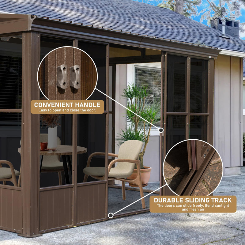 Domi 8x12FT Sun Room, Wall Mounted Gazebo Solarium with Galvanized Steel Sloping Roof, Moveable PC Screen, Front Door & 2 Side Entrance, Outdoor Aluminum Lean-to Sunroom for Patio Deck