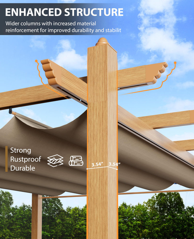 GarveeLife 10x13 Ft Outdoor Pergola with Retractable Canopy Upgraded Outdoor Aluminium Pergola, Faux Wood Grain Metal Patio Gazebo for Modern Backyard Deck for Porch, Awning, Grape Trellis, Khaki