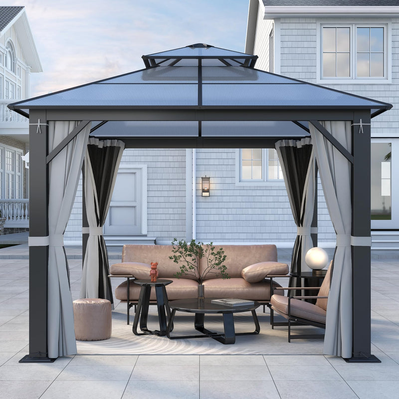 Howsvn 10'x10' Hardtop Gazebo, Outdoor Polycarbonate Double Roof Gazebos with Netting and Curtains, Heavy Duty Metal Pavilion for Patio, Backyard, Deck and Lawn