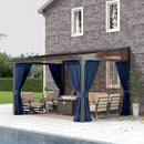 Gotland 10FTx12FT Outdoor Wall-Mounted Hardtop Pergola, Metal Frame Gazebo with Sloping Sun Panel Roof and Double Curtains for Patio, Garden, Lawn, Navy