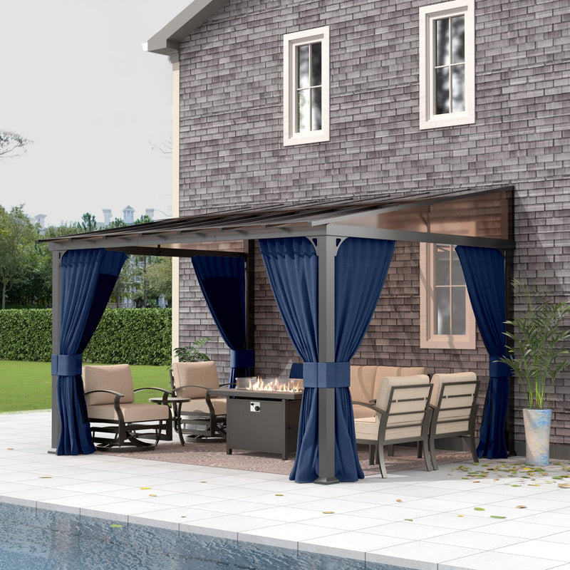 Gotland 10FTx12FT Outdoor Wall-Mounted Hardtop Pergola, Metal Frame Gazebo with Sloping Sun Panel Roof and Double Curtains for Patio, Garden, Lawn, Navy